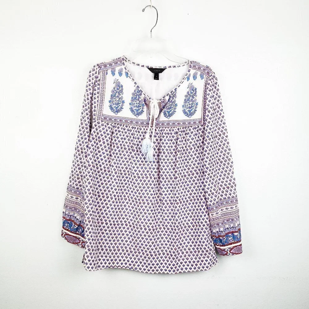 ☀️ J CREW Point Sur Printed Boho Floral Tassel Top Size XS Oversize